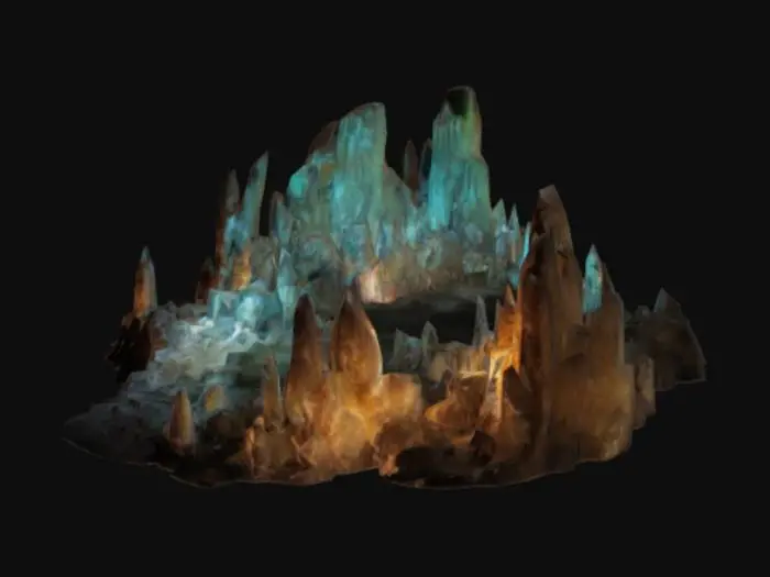 3D model for A cave full of stalagmites and stalactites, The stalactites and stalagmites have a soft glow. #bioluminescent#