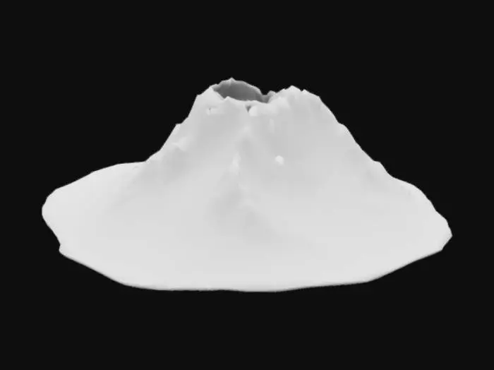 3D model for active volcano with a conical shape, wide base, and steep slopes. Include a jagged crater at the top with glowing lava inside. Add cracks and lava flows down the sides, emitting smoke and ash from the peak. Apply dark, rocky textures for the surface with glowing bioluminescent red-orange highlights around the lava areas. Surround the volcano with scorched terrain and minimal vegetation
