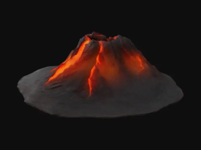 3D model for active volcano with a conical shape, wide base, and steep slopes. Include a jagged crater at the top with glowing lava inside. Add cracks and lava flows down the sides, emitting smoke and ash from the peak. Apply dark, rocky textures for the surface with glowing bioluminescent red-orange highlights around the lava areas. Surround the volcano with scorched terrain and minimal vegetation
