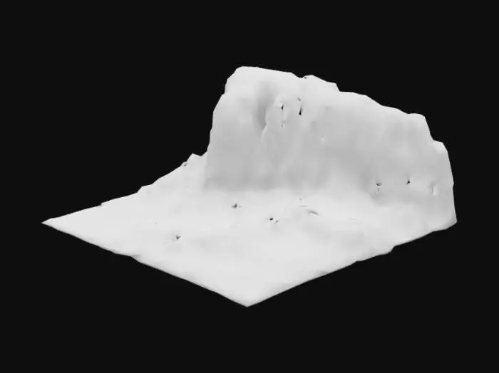 3D model for A waterfall on a tall hill, full of rocks and grass blue water falls from the river down the waterfall and a tiny amount of the water has been mixed with a green luminiscent liquid, super realistic, 4k quality, model, #bioluminescent#