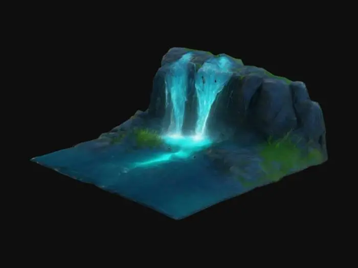 3D model for A waterfall on a tall hill, full of rocks and grass blue water falls from the river down the waterfall and a tiny amount of the water has been mixed with a green luminiscent liquid, super realistic, 4k quality, model, #bioluminescent#