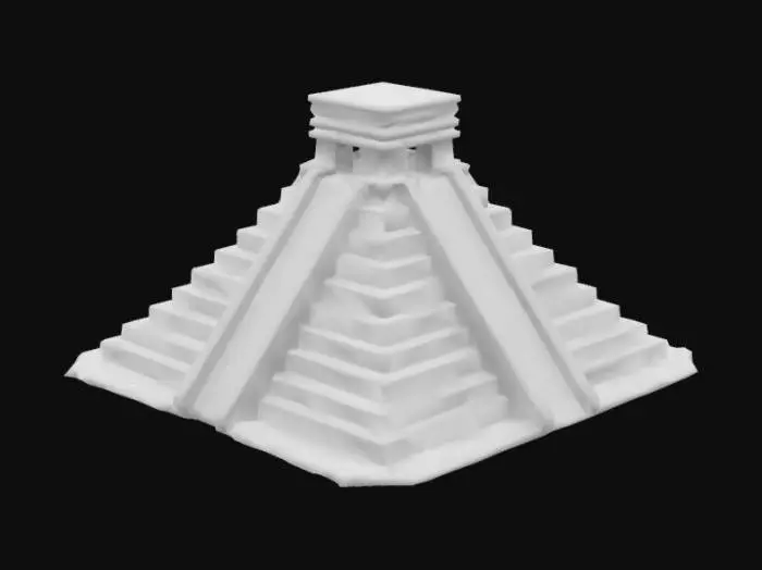 3D model for A highly detail clay model of a Mayan temple, pyramid style with hundreds of steps going up to the top on one side of the temple, at the top there is an altar for sacrificing to the gods, make it have a crumbling, decaying look as if its thousands of years old, #clay#