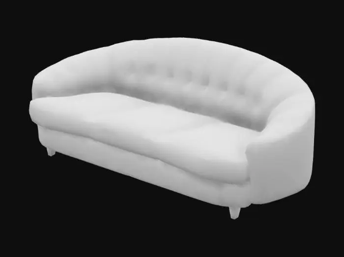 3D model for retro 1970s bold, round orange couch with plush, velvety upholstery. The couch has a deep, inviting design with tufted cushions and a low-profile, curved silhouette. 