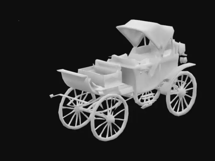 3D model for Design a vintage black doctor buggy from 1910, featuring a classic horse-drawn carriage style with a sleek, dark exterior. The buggy should have a polished wooden frame, with ornate detailing on the wheels and handles. The seating area should be designed for a doctor, with space for medical equipment, a cushioned seat, and small storage compartments. Include leather straps and metal accents typical of the era. 
