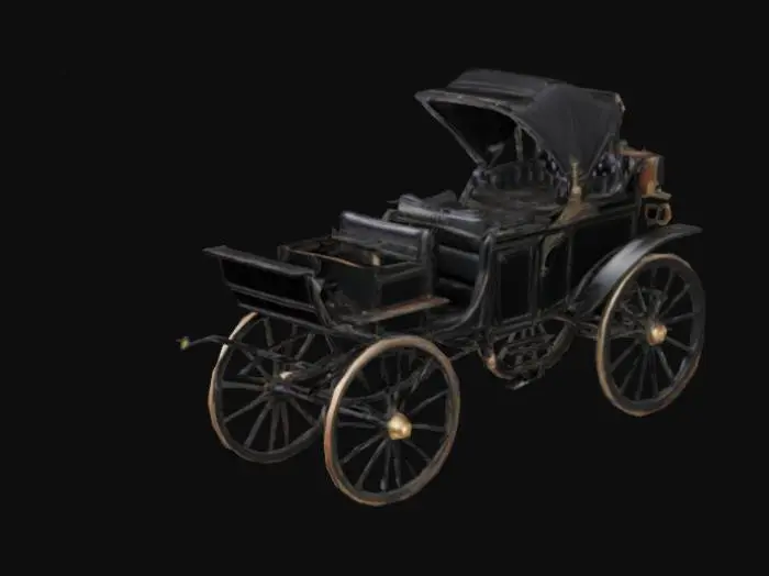 3D model for Design a vintage black doctor buggy from 1910, featuring a classic horse-drawn carriage style with a sleek, dark exterior. The buggy should have a polished wooden frame, with ornate detailing on the wheels and handles. The seating area should be designed for a doctor, with space for medical equipment, a cushioned seat, and small storage compartments. Include leather straps and metal accents typical of the era. 