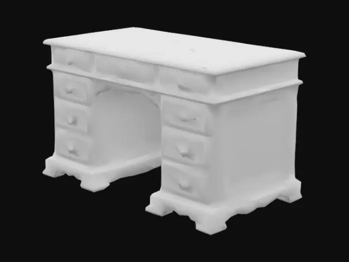 3D model for A classic Victorian office desk, featuring elegant, intricate woodwork and a rich, dark finish. The desk is large and sturdy, with detailed pink, orange, lavender and blue painted flowers showcasing the craftsmanship of the era. It includes multiple drawers for storage, each with ornate handles, and a spacious work surface. Perfect for historical or period-themed settings, this desk brings an air of sophistication and timeless design.