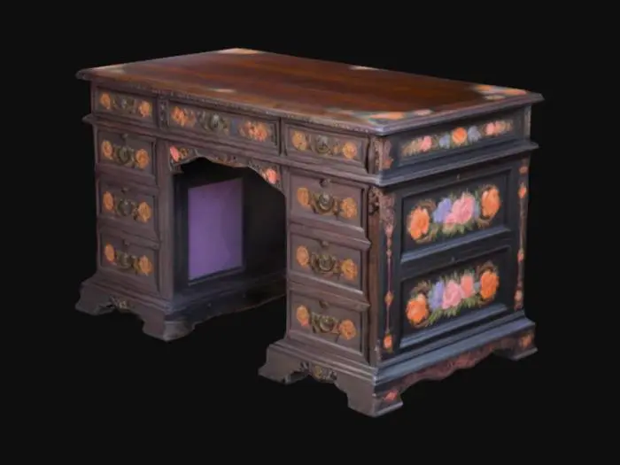 3D model for A classic Victorian office desk, featuring elegant, intricate woodwork and a rich, dark finish. The desk is large and sturdy, with detailed pink, orange, lavender and blue painted flowers showcasing the craftsmanship of the era. It includes multiple drawers for storage, each with ornate handles, and a spacious work surface. Perfect for historical or period-themed settings, this desk brings an air of sophistication and timeless design.