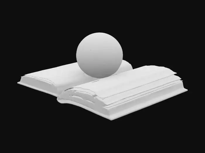 3D model for a highly detailed worn book.  The book is open and laying on it's hard cover.  There is a globe coming out of the pages of the book.