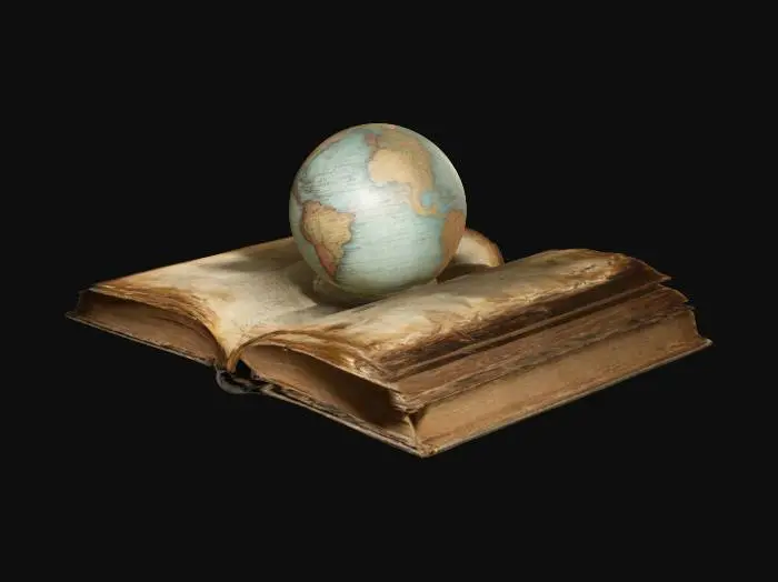3D model for a highly detailed worn book.  The book is open and laying on it's hard cover.  There is a globe coming out of the pages of the book.