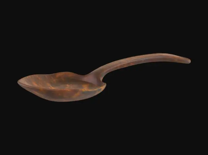 3D model for a rusted metal spoon, vintage 1800s, corroded surface texture, pitted and weathered with flaking rust, gritty detail, aged industrial look, rough metallic patina, high-resolution, dramatic lighting emphasizing texture, grunge aesthetic, high end design