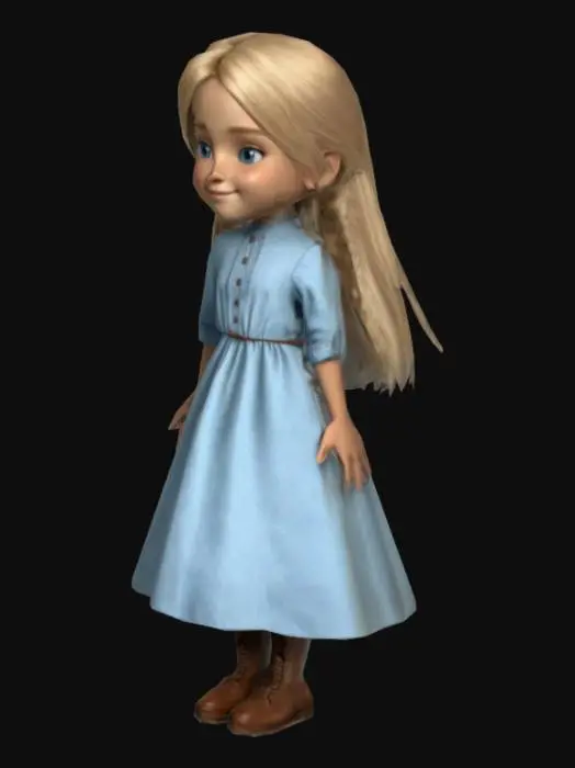 3D model for #warm tone#, Photo realistic 10 year old blonde girl wearing a pioneer dress, light blue dress, brown shoes, A-pose, hyper detailed realistic face, high quality textures. Full Body, her hair is long, Ultra Realistic, Highly Detailed