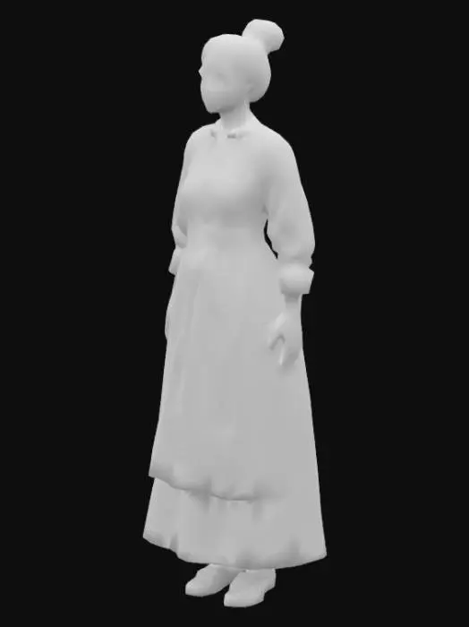 3D model for #warm tone#, Photo realistic adult blonde woman wearing a pioneer dress with a white apron in front, light blue dress, brown shoes, A-pose, hyper detailed realistic face, high quality textures. Full Body, her hair is in a bun, Ultra Realistic, Highly Detailed
