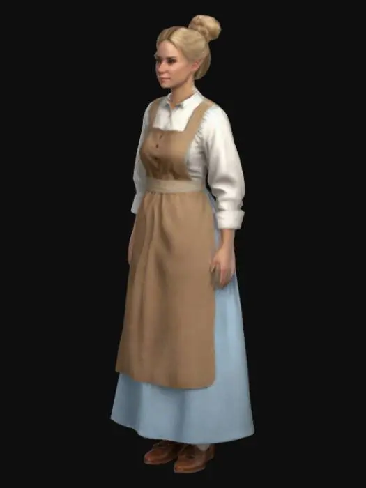 3D model for #warm tone#, Photo realistic adult blonde woman wearing a pioneer dress with a white apron in front, light blue dress, brown shoes, A-pose, hyper detailed realistic face, high quality textures. Full Body, her hair is in a bun, Ultra Realistic, Highly Detailed