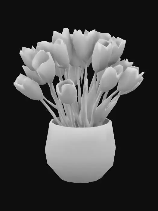 3D model for Container of tulips, flowers are veined and pinkish purple, trailing, container is smooth ceramic. Very neat, no hanging deformed parts 4x hyper realistic NO fantasy

