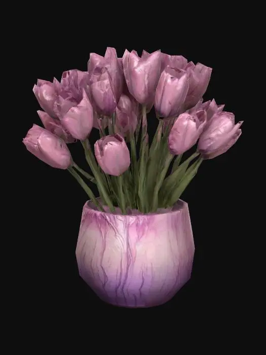 3D model for Container of tulips, flowers are veined and pinkish purple, trailing, container is smooth ceramic. Very neat, no hanging deformed parts 4x hyper realistic NO fantasy

