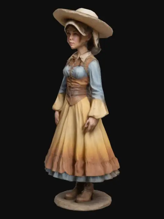 3D model for Western figurine fantasy dnd woman wearing a prairie dress and sun bonnet, hero in dynamic pose with base in natural realistic colors
