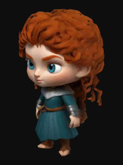 3D model for Merida from Brave, she has blue eyes Chibi art style. Clearly defined features. Highly stylized. Highly detailed. All walls and features at least 2mm thick. Include bold, recessed features with a depth of at least 2mm. Maintain sharp, clean lines with no unnecessary fine or jagged edges. Design embossed features to rise at least 2mm above the surface. Recess etched details at least 2mm deep for clarity.
