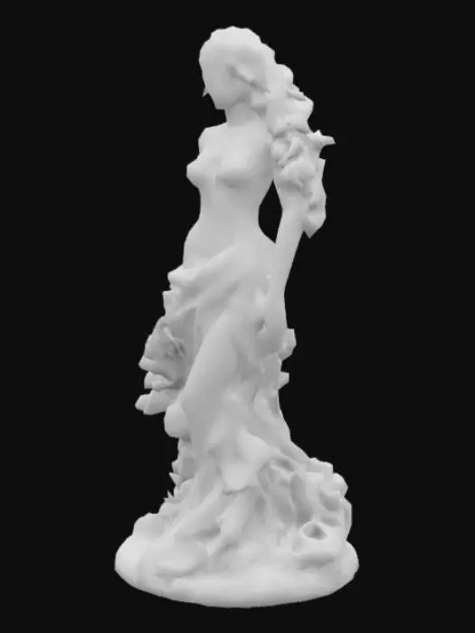 3D model for Underwater sculpture of a woman in a dress carved from stone, covered with corals of different vibrant colors. Hard edges. 