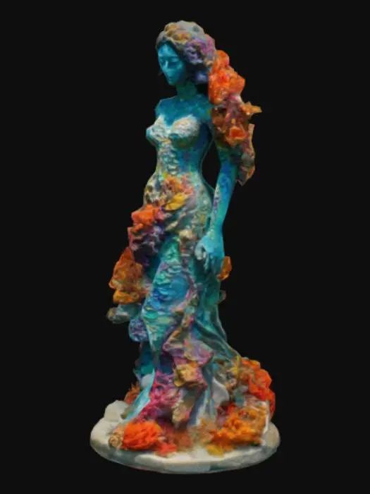 3D model for Underwater sculpture of a woman in a dress carved from stone, covered with corals of different vibrant colors. Hard edges. 