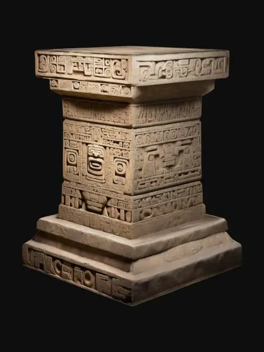 3D model for ancient aztec sculpture podium, with hieroglyphics and an intricate geometric design
