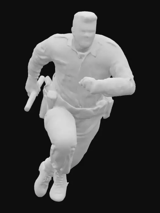 3D model for A determined male police officer, mid-chase, wears a dark navy uniform of sturdy, wrinkle-resistant fabric, with a crisp white undershirt visible at the collar. His tactical belt, made of robust nylon and metallic buckles, holds various pouches. His face shows a focused, tense expression, with beads of sweat on his forehead. Short, dark hair is neatly cut. His hand tightly grips a sleek, black rubberized baton, its textured surface appearing ready for impact. His boots are polished black leather, firm and scuffed from activity.