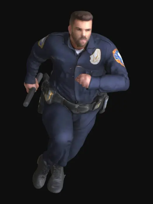 3D model for A determined male police officer, mid-chase, wears a dark navy uniform of sturdy, wrinkle-resistant fabric, with a crisp white undershirt visible at the collar. His tactical belt, made of robust nylon and metallic buckles, holds various pouches. His face shows a focused, tense expression, with beads of sweat on his forehead. Short, dark hair is neatly cut. His hand tightly grips a sleek, black rubberized baton, its textured surface appearing ready for impact. His boots are polished black leather, firm and scuffed from activity.