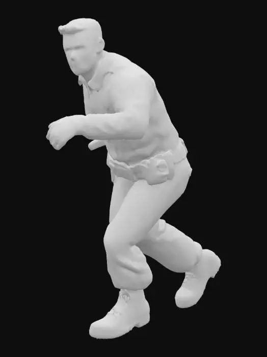 3D model for A determined male police officer, mid-chase, wears a dark navy uniform of sturdy, wrinkle-resistant fabric, with a crisp white undershirt visible at the collar. His tactical belt, made of robust nylon and metallic buckles, holds various pouches. His face shows a focused, tense expression, with beads of sweat on his forehead. Short, dark hair is neatly cut. His hand tightly grips a sleek, black rubberized baton, its textured surface appearing ready for impact. His boots are polished black leather, firm and scuffed from activity.