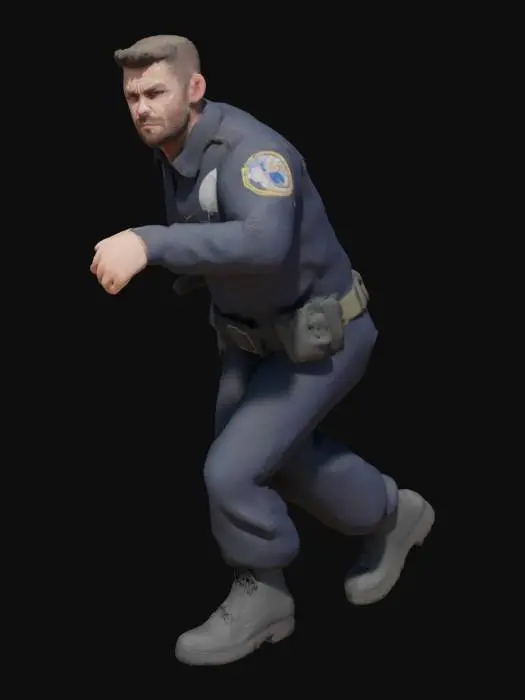 3D model for A determined male police officer, mid-chase, wears a dark navy uniform of sturdy, wrinkle-resistant fabric, with a crisp white undershirt visible at the collar. His tactical belt, made of robust nylon and metallic buckles, holds various pouches. His face shows a focused, tense expression, with beads of sweat on his forehead. Short, dark hair is neatly cut. His hand tightly grips a sleek, black rubberized baton, its textured surface appearing ready for impact. His boots are polished black leather, firm and scuffed from activity.