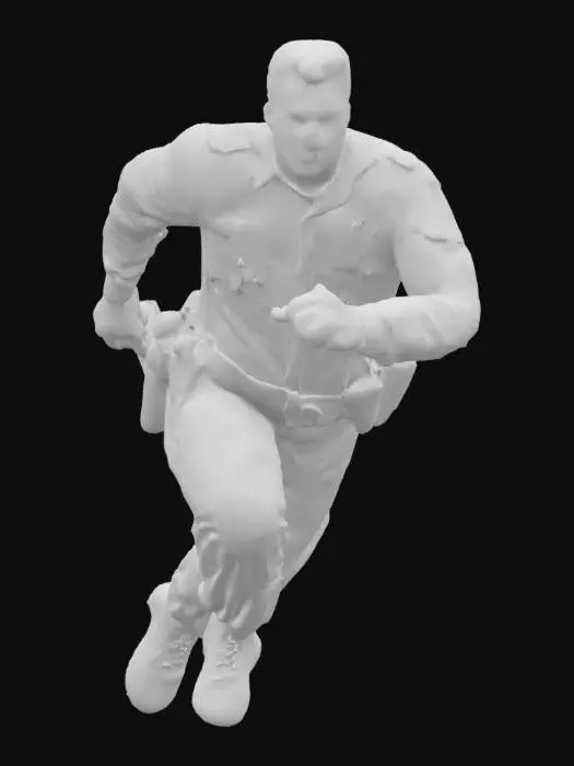 3D model for A determined male police officer, mid-chase, wears a dark navy uniform of sturdy, wrinkle-resistant fabric, with a crisp white undershirt visible at the collar. His tactical belt, made of robust nylon and metallic buckles, holds various pouches. His face shows a focused, tense expression, with beads of sweat on his forehead. Short, dark hair is neatly cut. His hand tightly grips a sleek, black rubberized baton, its textured surface appearing ready for impact. His boots are polished black leather, firm and scuffed from activity.