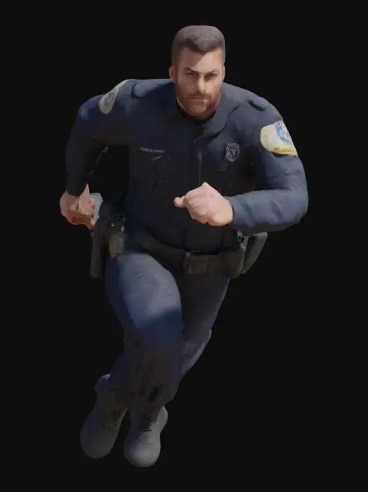 3D model for A determined male police officer, mid-chase, wears a dark navy uniform of sturdy, wrinkle-resistant fabric, with a crisp white undershirt visible at the collar. His tactical belt, made of robust nylon and metallic buckles, holds various pouches. His face shows a focused, tense expression, with beads of sweat on his forehead. Short, dark hair is neatly cut. His hand tightly grips a sleek, black rubberized baton, its textured surface appearing ready for impact. His boots are polished black leather, firm and scuffed from activity.