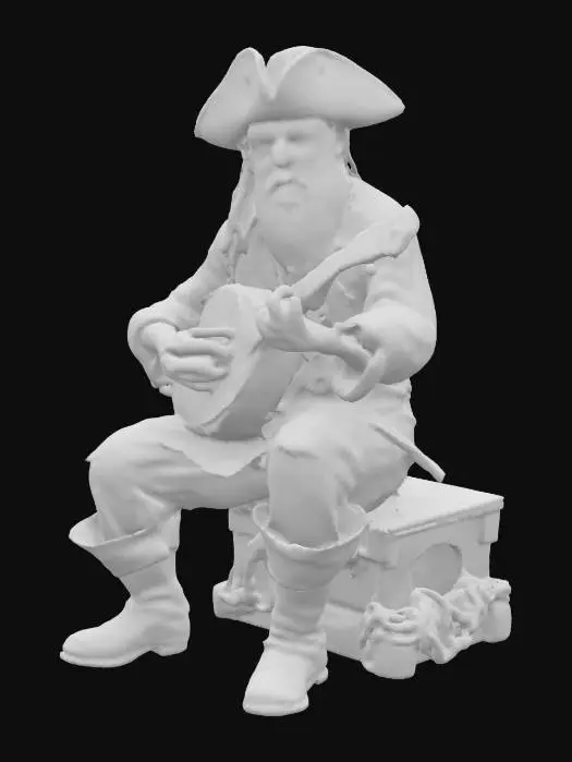 3D model for sitting pirate, playing a banjo, highly detailed, dirty skin, wrinkles on face, filthy clothes

