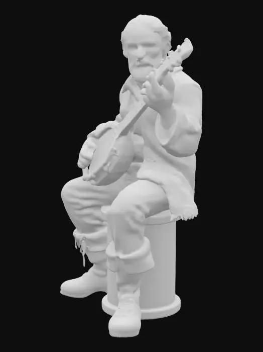 3D model for sitting pirate, playing a banjo, highly detailed, dirty skin, wrinkles on face, filthy clothes

