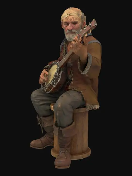 3D model for sitting pirate, playing a banjo, highly detailed, dirty skin, wrinkles on face, filthy clothes

