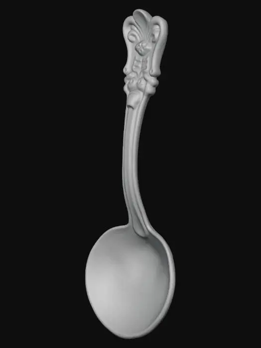 3D model for Close-up of a rusted metal spoon,  vintage 1800s corroded surface texture, pitted and weathered with flaking rust, gritty detail, aged industrial look, rough metallic patina, high-resolution, dramatic lighting emphasizing texture, grunge aesthetic, high end society