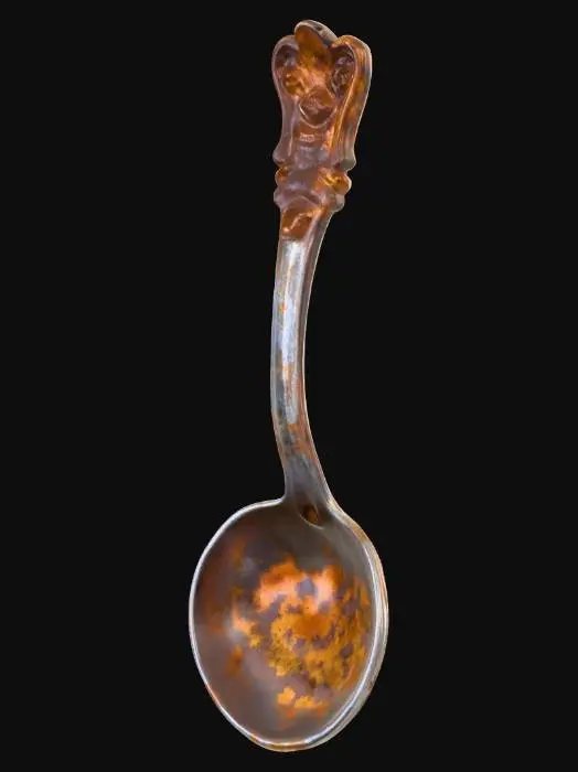 3D model for Close-up of a rusted metal spoon,  vintage 1800s corroded surface texture, pitted and weathered with flaking rust, gritty detail, aged industrial look, rough metallic patina, high-resolution, dramatic lighting emphasizing texture, grunge aesthetic, high end society
