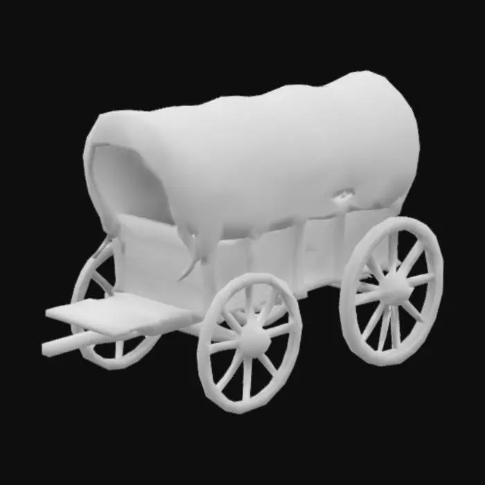 3D model for "Create a 3D model of an old, weathered wooden wagon with large spoked wheels. Features include textured wood panels, metal reinforcements, and an orange-red canopy draped over the cargo area. Add realistic weathering, visible wood grain, scratches, and rusted metal details. Ensure a rugged, medieval style with balanced lighting and 4K resolution for ultra-realistic textures." 

