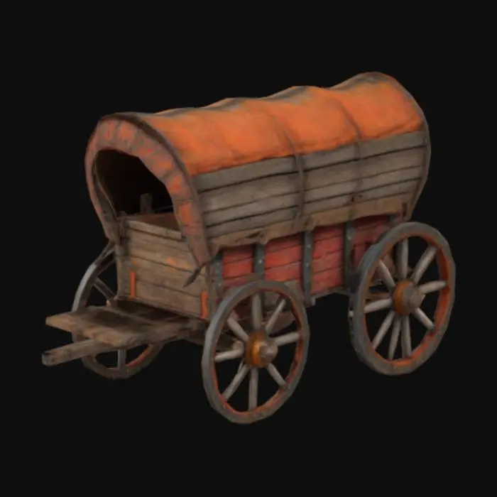 3D model for "Create a 3D model of an old, weathered wooden wagon with large spoked wheels. Features include textured wood panels, metal reinforcements, and an orange-red canopy draped over the cargo area. Add realistic weathering, visible wood grain, scratches, and rusted metal details. Ensure a rugged, medieval style with balanced lighting and 4K resolution for ultra-realistic textures." 

