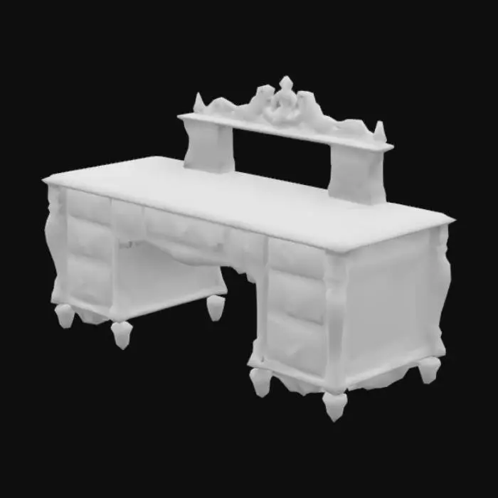 3D model for A classic Victorian office desk, featuring elegant, intricate woodwork and a rich, dark finish. The desk is large and sturdy, with detailed turquoise and flower carvings along the edges and legs, showcasing the craftsmanship of the era. It includes multiple drawers for storage, each with ornate handles, and a spacious work surface. Perfect for historical or period-themed settings, this desk brings an air of sophistication and timeless design.