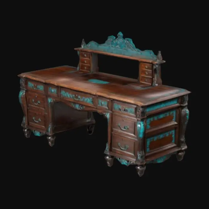 3D model for A classic Victorian office desk, featuring elegant, intricate woodwork and a rich, dark finish. The desk is large and sturdy, with detailed turquoise and flower carvings along the edges and legs, showcasing the craftsmanship of the era. It includes multiple drawers for storage, each with ornate handles, and a spacious work surface. Perfect for historical or period-themed settings, this desk brings an air of sophistication and timeless design.