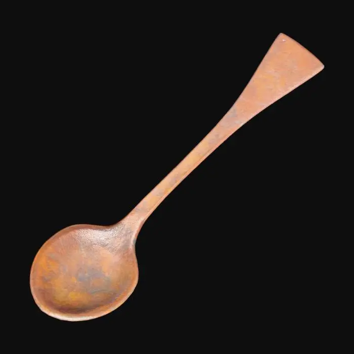 3D model for a rusted metal spoon, meshy corroded surface texture, pitted and weathered with flaking rust, gritty detail, aged industrial look, rough metallic patina, high-resolution, dramatic lighting emphasizing texture, grunge aesthetic
