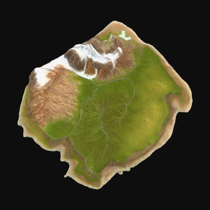 3D model for top right corner of the map has mountains. It’s in a mountain snowy range and then on the other side so the top left there is a canyon/desert and then at the bottom right it is a planes area and then at the bottom left it hills