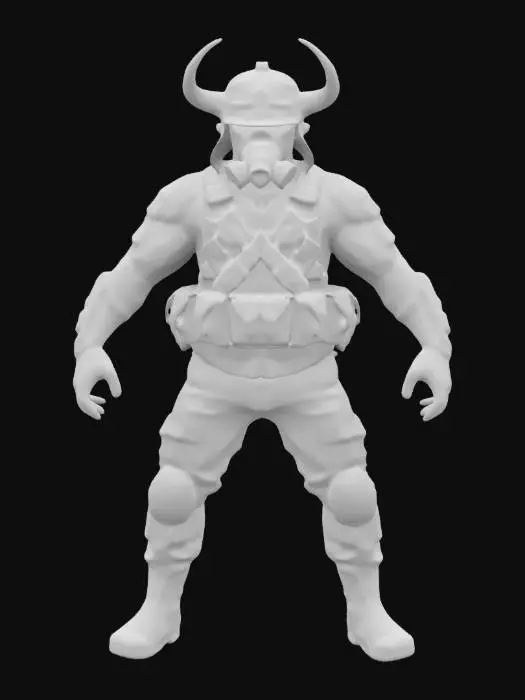 3D model for T-pose, arm stretched out, sci-fi dieselpunk german infantry with gas mask, black uniform, armored, stahlhelm with Viking horns, big fat body, muscular, no weapons, no guns, no posing, no firearms