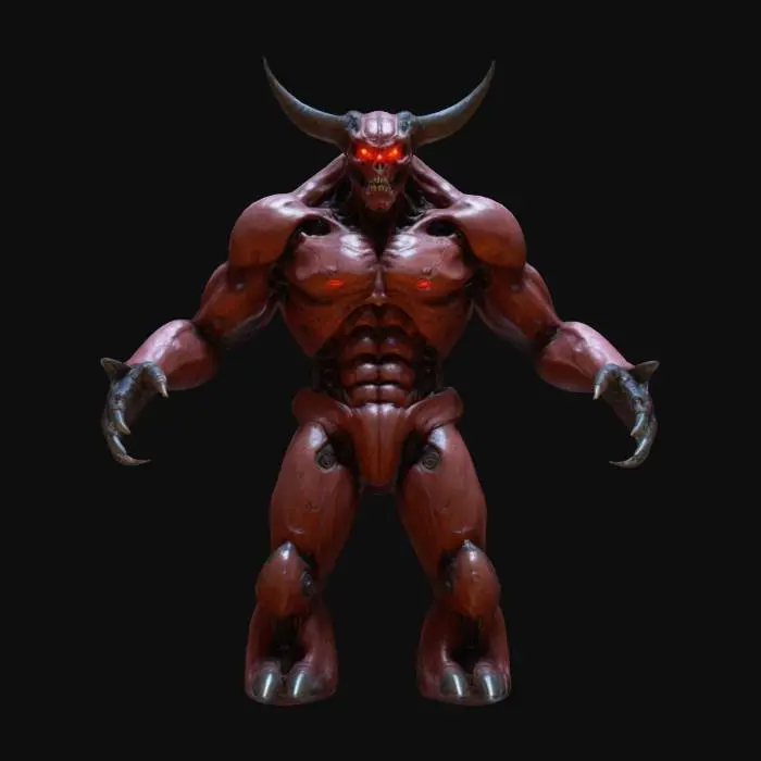 3D model for A towering cyberdemon from the original Doom (1993) stands in a T-pose, its body an iconic fusion of flesh and machine. Massive bloodstained implants replace parts of its body, pulsating with raw power. Unlike the original, its head is that of a fierce dragon, with menacing eyes and sharp horns. The fusion of demonic cybernetics and draconic fury makes it a terrifying presence. The background is minimal, emphasizing its monstrous form.