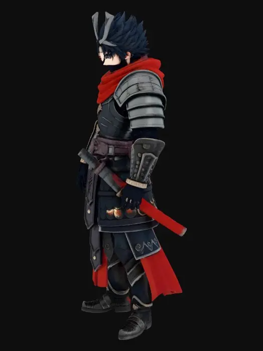 3D model for armored samurai with spiky hair 
big scar over the nose 
one eye closed 
badass 2.0m height 
multiple layers 
a scarf over the mouth 
realistic but anime like