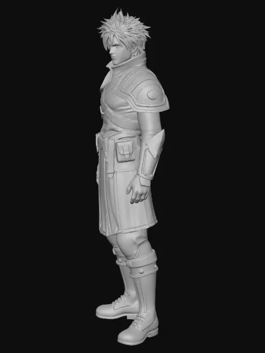 3D model for Full-body male fantasy soldier inspired by Final Fantasy VII classic SOLDIER design, athletic build, confident stance. Spiky dark hair, sharp features, intense mako-glowing blue eyes. Wearing dark navy and black military-style uniform with high collar, sleeveless armored pauldrons, leather belts and straps across chest, metal bracers, combat boots. Subtle sci-fi elements mixed with military fantasy aesthetic. Clean anime-inspired facial structure but realistic 3D rendering. High-detail textures, realistic fabric and metal materials, dramatic soft lighting, game-ready 3D model, neutral studio background, clean topology, T-pose optional.
