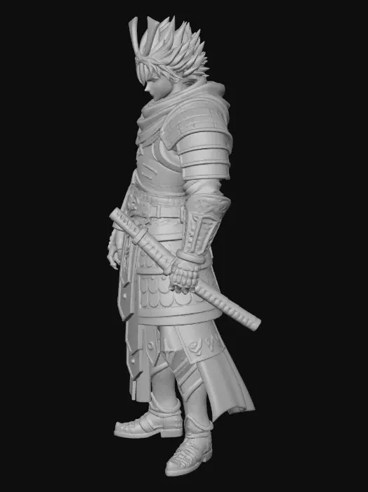 3D model for armored samurai with spiky hair 
big scar over the nose 
one eye closed 
badass 2.0m height 
multiple layers 
a scarf over the mouth 
realistic but anime like