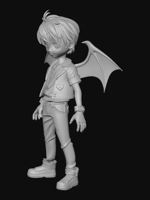 3D model for A stylized anime boy character with large black bat wings emerging from his back. He has slightly oversized hands wearing fingerless gloves, a small but strong athletic build, and a cute expressive face with big anime-style eyes. Short slightly messy hair, soft rounded facial features, subtle confident smile. Outfit includes a fitted cropped jacket, simple shirt underneath, slim pants, and lightweight boots. Proportions are stylized (large hands, compact muscular torso, medium-length wingspan