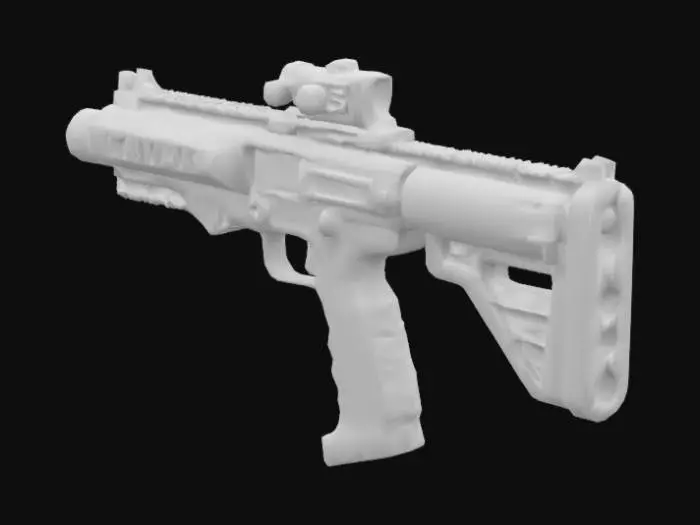 3D model for Create a futuristic, long-range handgun named 'ViperMark-LX9'. The gun has a sleek matte black and chrome finish, with a long reinforced barrel extending slightly forward for enhanced precision. Built-in smart scope module with holographic reticle on top. The grip is ergonomic with anti-slip texture and biometric scanner on the side. The slide is vented with heat exhaust ports. Include an under-barrel laser pointer and side-mounted silencer attachment option. Add glowing blue energy conduits along the sides and a digital ammo counter on the side of the slide. Include recoil dampening coil springs visible near the rear chamber. The gun is compact, deadly, and advanced — inspired by cyberpunk weapon designs. Highly detailed with a blend of realism and sci-fi style