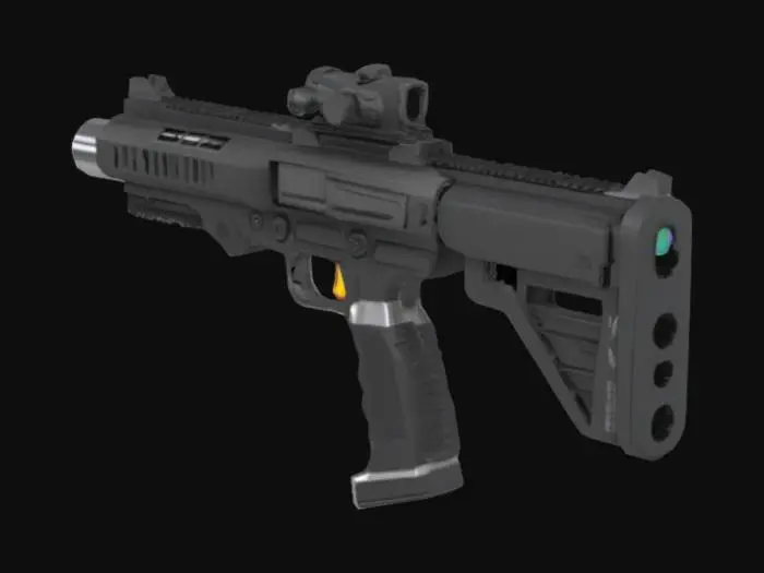 3D model for Create a futuristic, long-range handgun named 'ViperMark-LX9'. The gun has a sleek matte black and chrome finish, with a long reinforced barrel extending slightly forward for enhanced precision. Built-in smart scope module with holographic reticle on top. The grip is ergonomic with anti-slip texture and biometric scanner on the side. The slide is vented with heat exhaust ports. Include an under-barrel laser pointer and side-mounted silencer attachment option. Add glowing blue energy conduits along the sides and a digital ammo counter on the side of the slide. Include recoil dampening coil springs visible near the rear chamber. The gun is compact, deadly, and advanced — inspired by cyberpunk weapon designs. Highly detailed with a blend of realism and sci-fi style