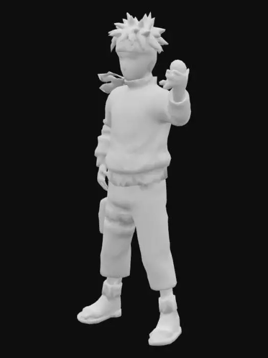3D model for Create a highly detailed 3D model of Naruto Uzumaki from the anime "Naruto Shippuden". He should be depicted in his iconic orange and black ninja outfit, with the Uzumaki clan symbol on the back. Include his spiky blond hair, blue eyes, and whisker-like facial markings. The model should be in a dynamic ninja pose, ready for action, possibly forming a Rasengan in one hand. Include his headband with the Leaf Village symbol and his kunai holster on the right thigh. Pay close attention to textures: fabric should look realistic, with subtle wear. The model should be fully rigged for animation and suitable for game or cinematic use.